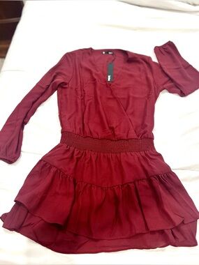 Krisa Smocked Surpice Burgundy Long-Sleeve Tiered Mini Dress